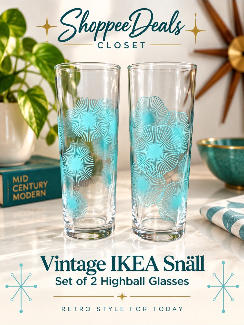 Vintage IKEA Snäll Atomic Sunburst Highball Glasses Set of 2